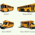 GreenPower's battery-electric school bus lineup, consisting of (from top left) the Beast, Mega Beast, Nano Beast, and Nano Beast Access.