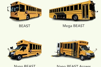 GreenPower's battery-electric school bus lineup, consisting of (from top left) the Beast, Mega Beast, Nano Beast, and Nano Beast Access.