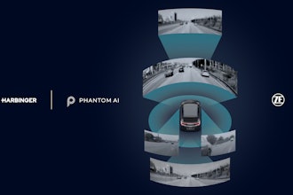 A 360-degree sensor visualization of an autonomous vehicle highlighting camera coverage and detection zones around the vehicle.