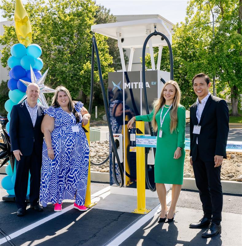 The Mitra EV leadership team at the ribbon cutting of a customer site in Rancho Cordova, California.