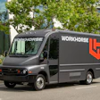 The new and more affordable 140 kWh battery-electric Workhorse W56 battery-electric step van parked on a street.