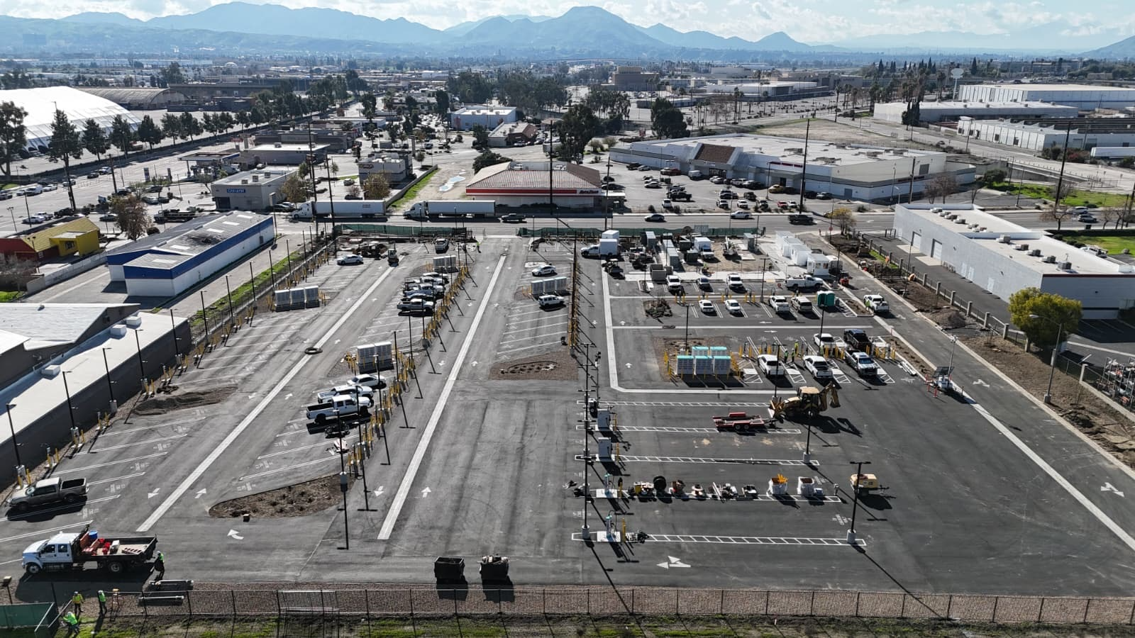 An aerial view of EV Realty's charging hub in San Bernardino, California.
