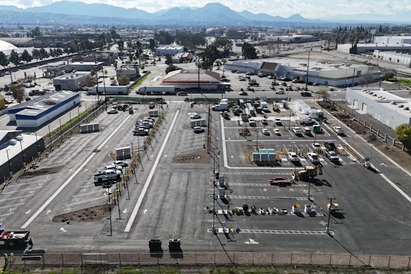 An aerial view of EV Realty's charging hub in San Bernardino, California.
