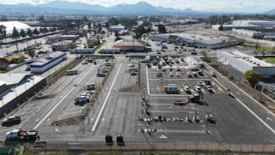 An aerial view of EV Realty's charging hub in San Bernardino, California.