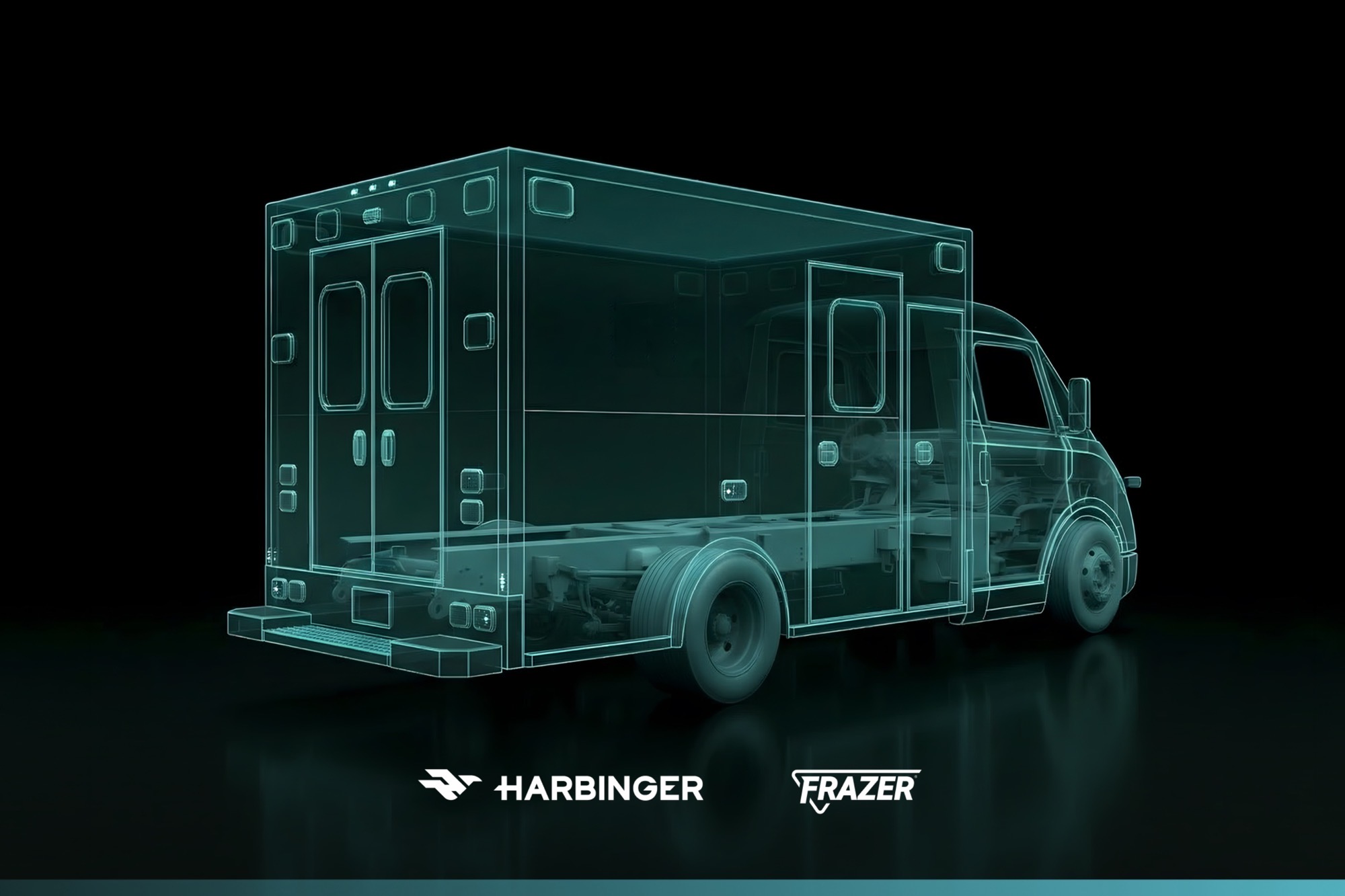 A 3D rendering of Harbinger's plug-in hybrid chassis equipped with Frazer's healthcare systems.