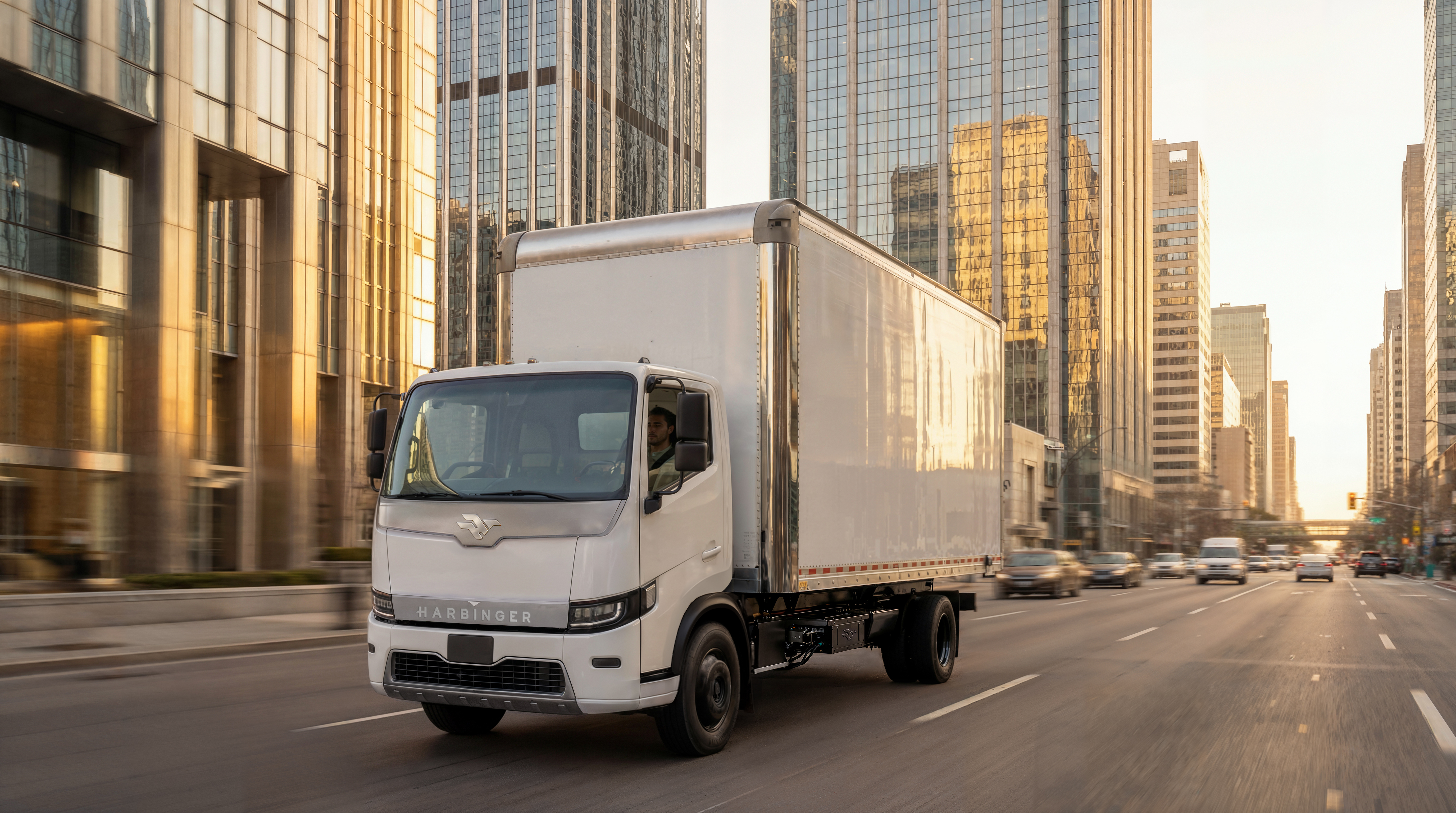 Harbinger's all-new HC Series Cab driving in a downtown setting.