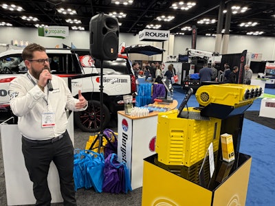 Jeremy Byrd, Bergstrom director of sales and market intelligence, introduces the new eCoolPark no-idle solution during Work Truck Week 2026 Wednesday in Indianapolis.