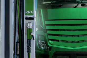 A rendering of an RNG-powered truck at a refueling station.