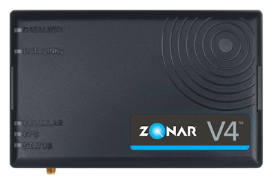 The Zonar V4 GPS tracking device featuring status indicators and cellular connectivity.