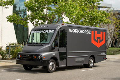 The Workhorse W56 battery-electric step van parked on a street.