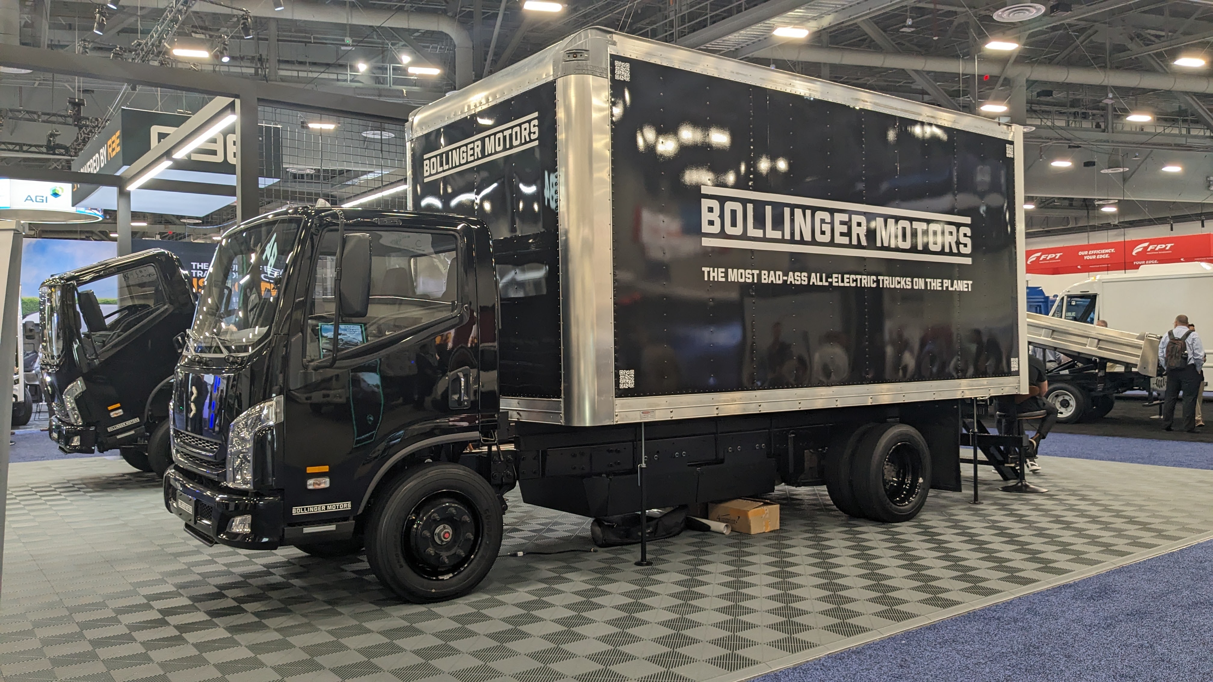The battery-electric Class 4 Bollinger Motors B4 chassis cab on display at the 2025 ACT Expo.