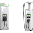 Two ChargePoint Express Solo EV charging stations powered by Eaton, featuring digital display screens and attached charging cables for electric vehicles.