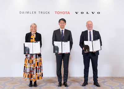 From left: Daimler Trucks President and CEO Karin Radstrom, Toyota President and CEO Koji Sato, and Martin Lundstedt, president and CEO of Volvo Group.