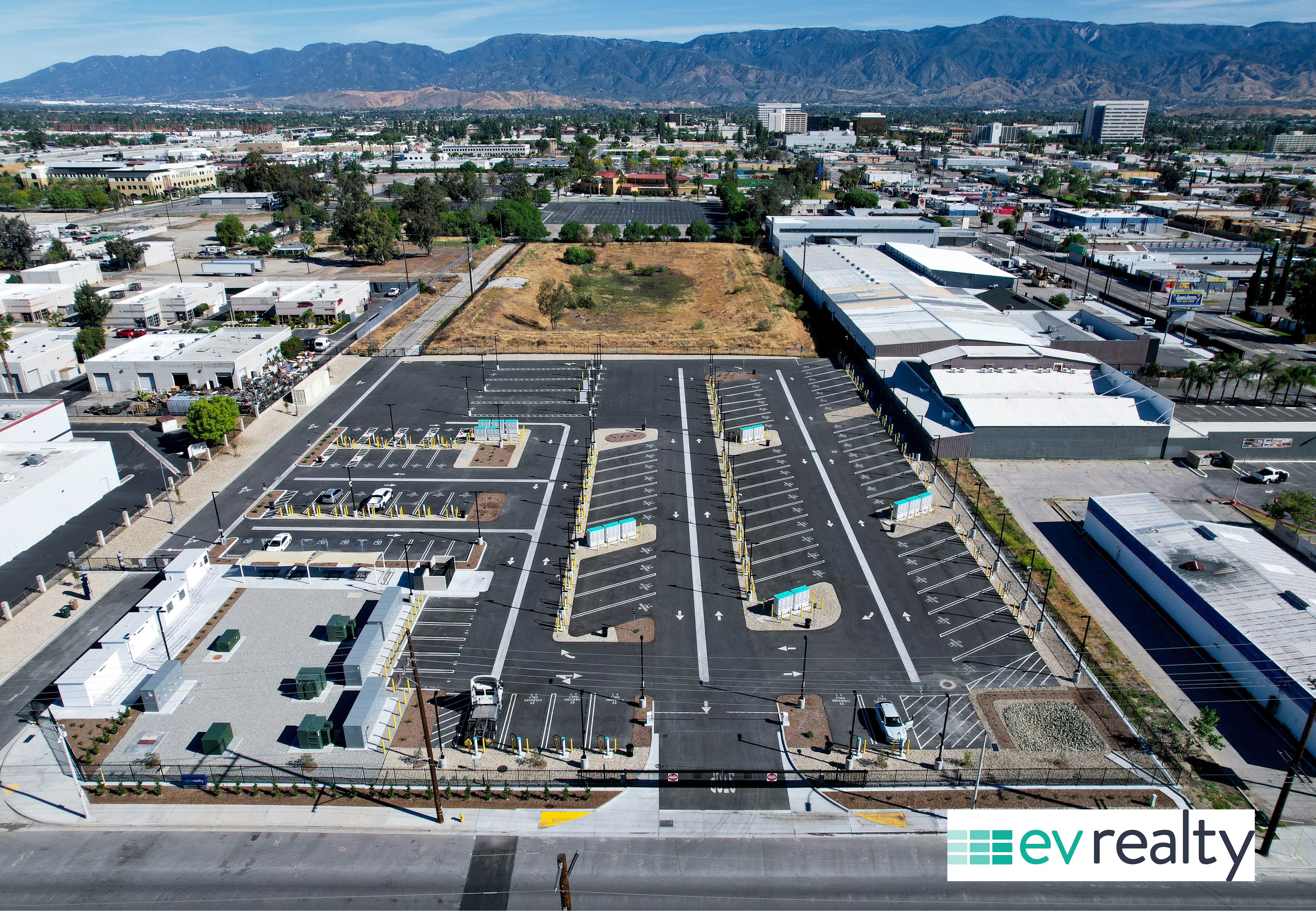 An aerial view of EV Realty's newly opened electric truck charging hub in San Bernardino, California.