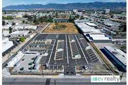 An aerial view of EV Realty's newly opened electric truck charging hub in San Bernardino, California.