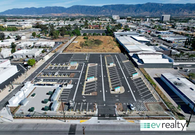 An aerial view of EV Realty's newly opened electric truck charging hub in San Bernardino, California.