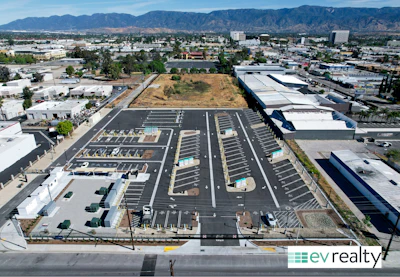 An aerial view of EV Realty's newly opened electric truck charging hub in San Bernardino, California.