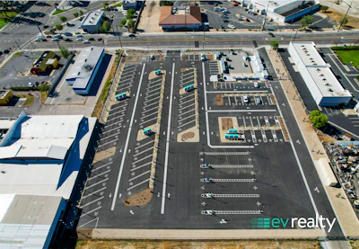 EV Realty's 76-port truck charging hub in San Bernardino, California, delivers 9 MW of capacity to support more than 200 medium- and heavy-duty trucks each day.