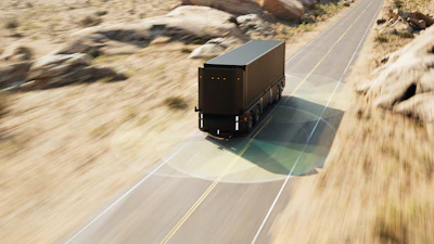 A rendering of Humble's fully autonomous, cabless, EV Class 8 semi driving on a highway.