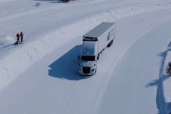 A screenshot of Range Energy's production-spec eTrailer undergoing winter testing on an icy and snow-covered road in Michigan's Upper Peninsula.