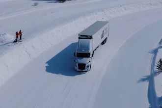 A screenshot of Range Energy's production-spec eTrailer undergoing winter testing on an icy and snow-covered road in Michigan's Upper Peninsula.