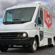 A Workhorse Group W56 battery-electric step van with the company's logo parked in an outdoor lot.