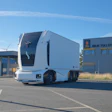 Einride's autonomous battery-electric delivery truck parked outside of the Orje customs office in Norway.