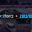 Voltera and Revel announce their partnership, seen against a backdrop of an EV fleet charging hub.