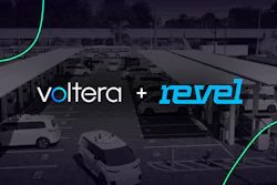 Voltera and Revel announce their partnership, seen against a backdrop of an EV fleet charging hub.
