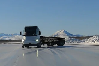 A Tesla Semi with a trailer demonstrates its Vehicle Dynamics Control system on an icy road surface.