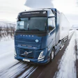 A hydrogen-powered Volvo semi truck undergoing winter road testing in Europe.