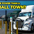 Freightliner eCascadias lined up at EV Realty's San Bernardino charging hub.